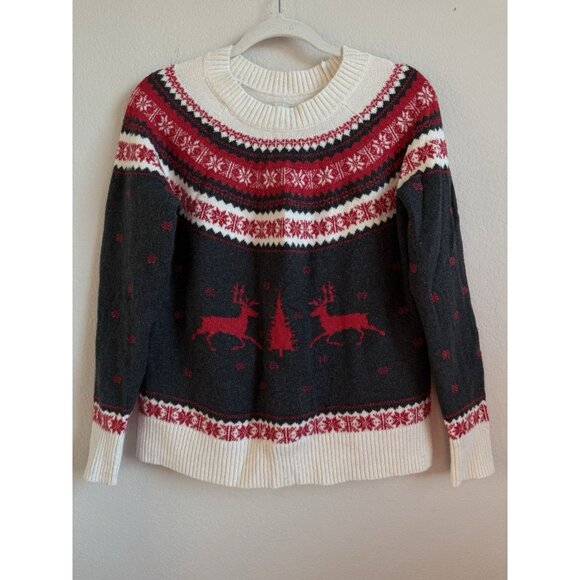 Loft Women’s Holiday Pullover Sweater Reindeer Fair Isle Petite Large Red Gray - Picture 8 of 12